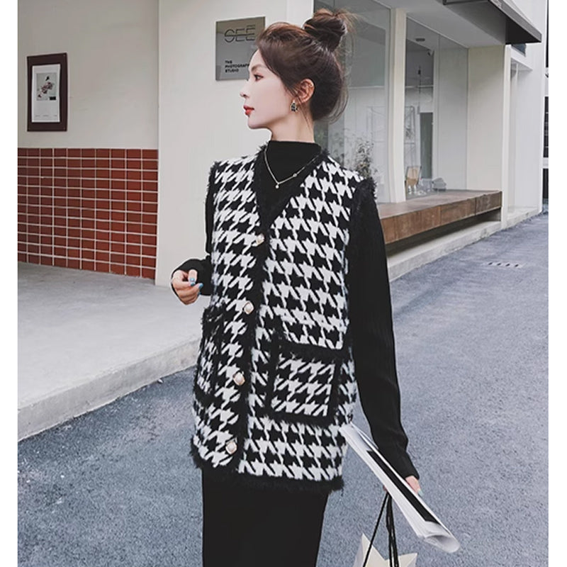 千鳥柄ベスト×リブニットワンピース