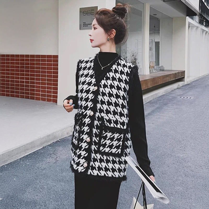 千鳥柄ベスト×リブニットワンピース