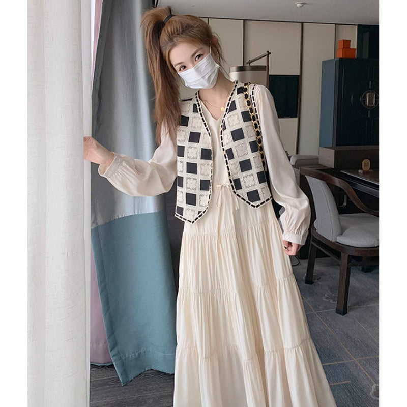 レトロチェックベスト×ティアードロングワンピース(2colors)