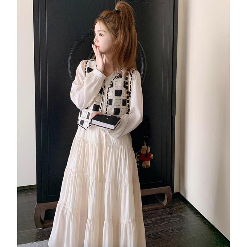 レトロチェックベスト×ティアードロングワンピース(2colors)