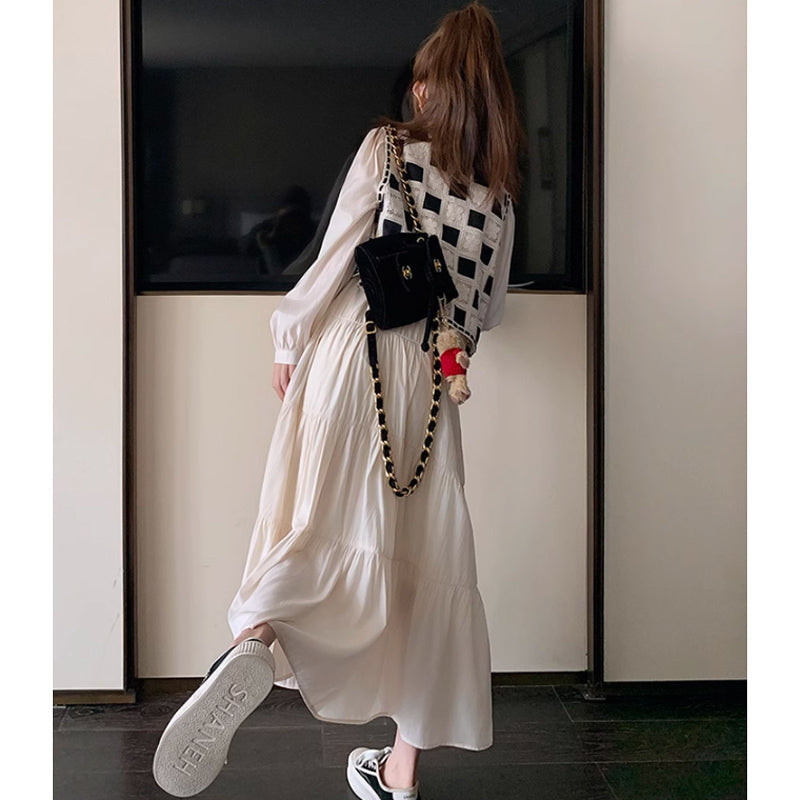 レトロチェックベスト×ティアードロングワンピース(2colors)