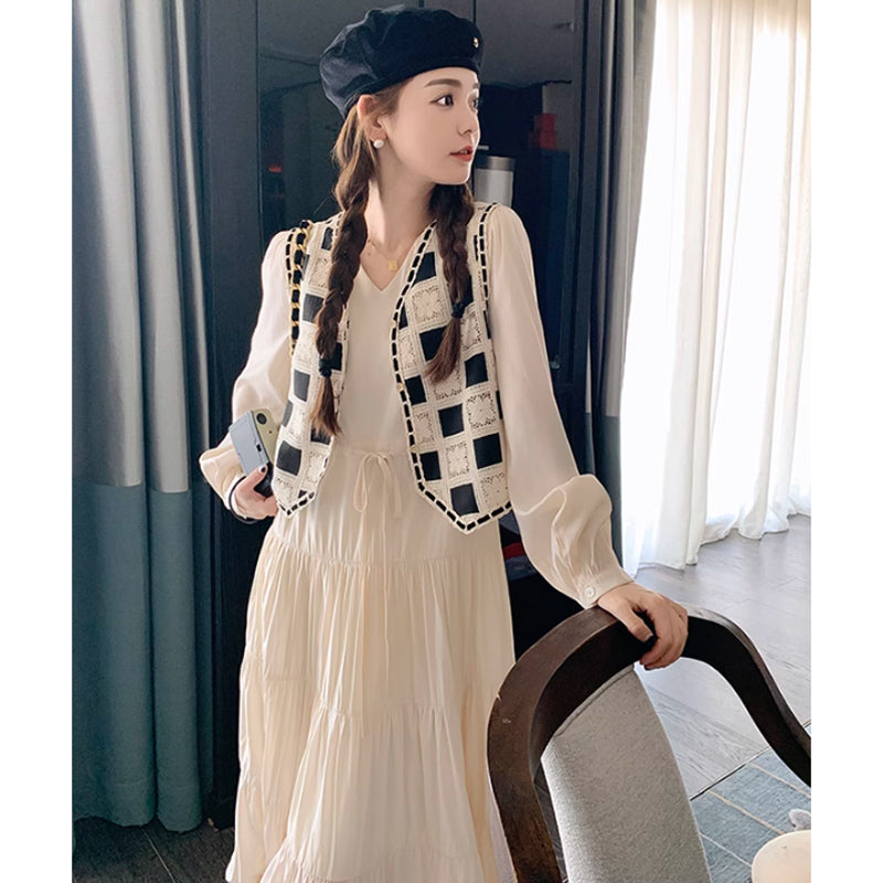 レトロチェックベスト×ティアードロングワンピース(2colors)