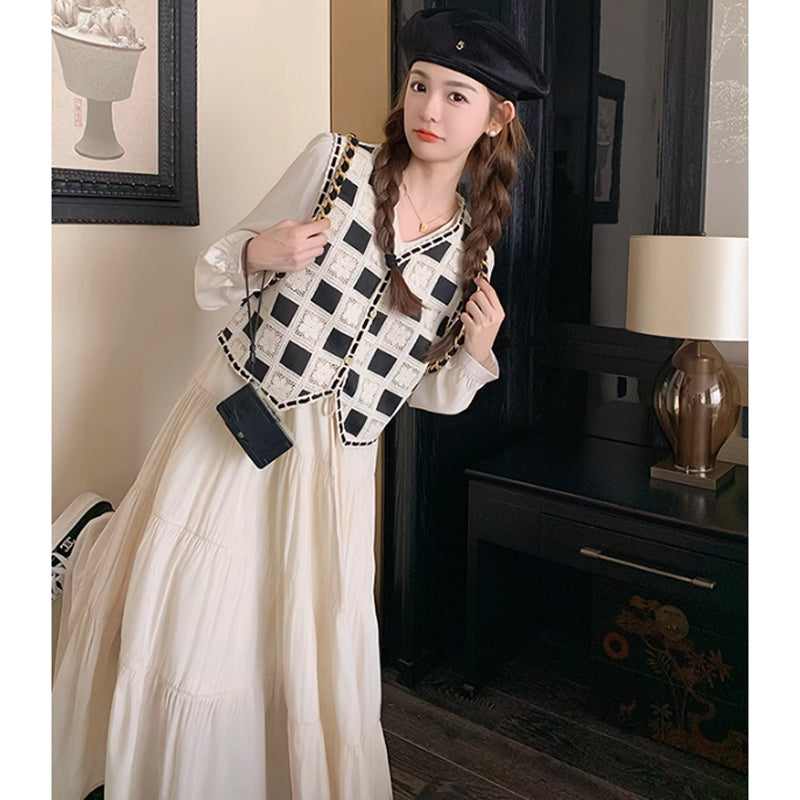 レトロチェックベスト×ティアードロングワンピース(2colors)