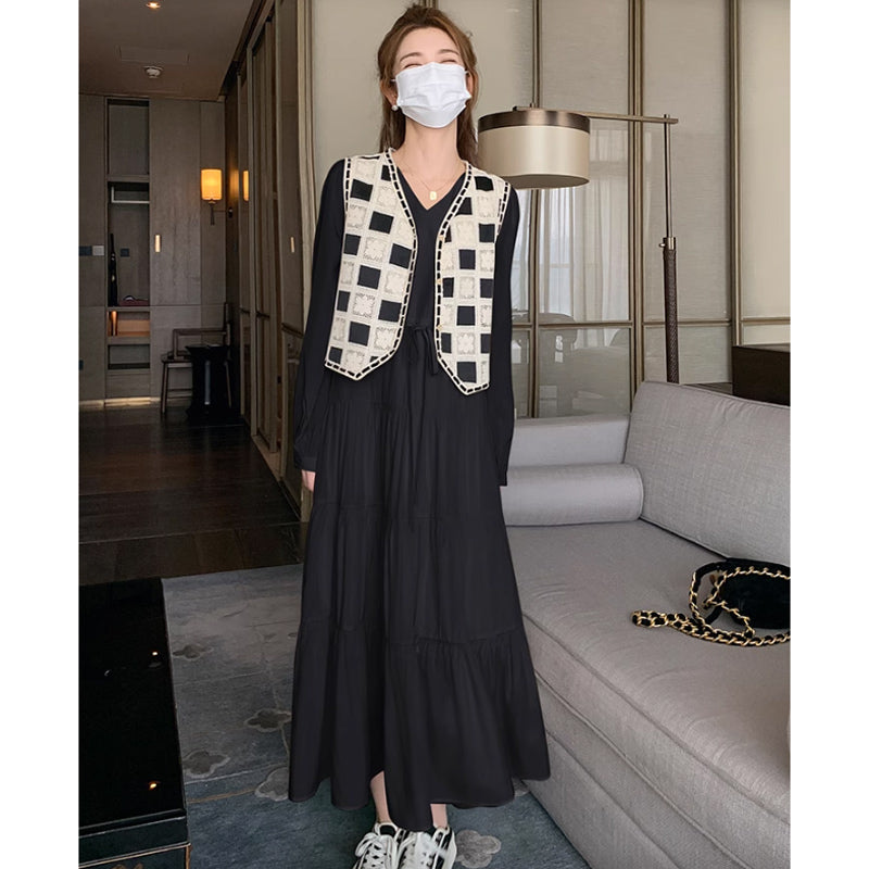 レトロチェックベスト×ティアードロングワンピース(2colors)