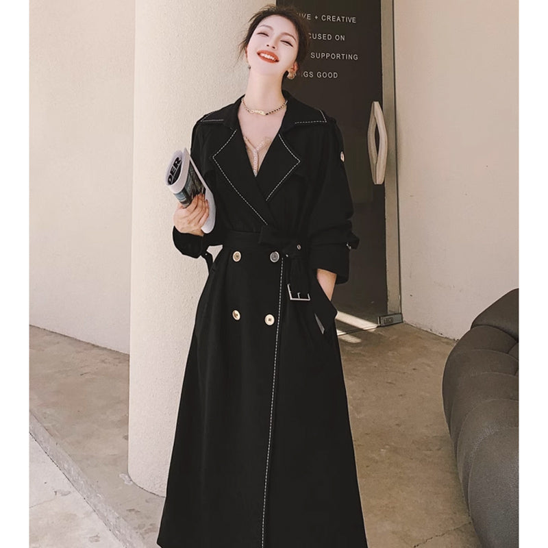 ステッチ入りブラックロングトレンチ