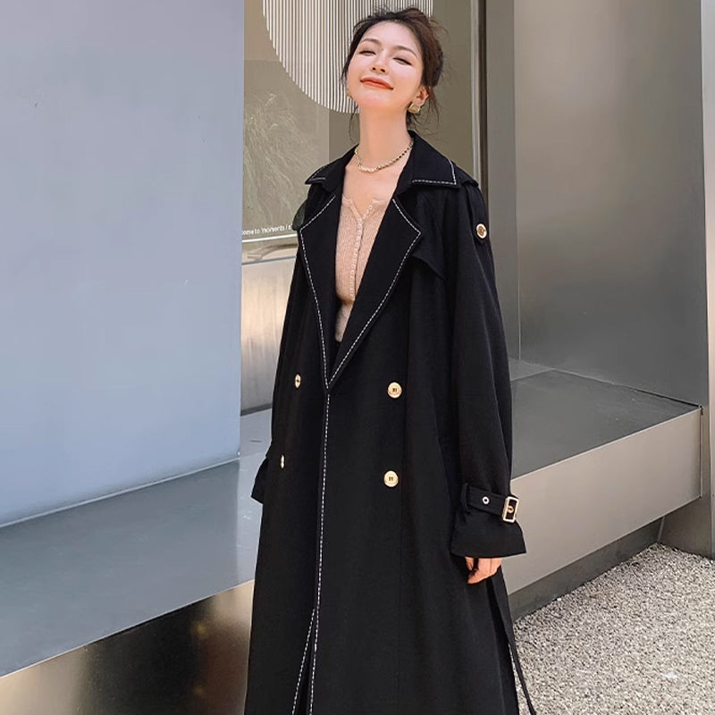 ステッチ入りブラックロングトレンチ