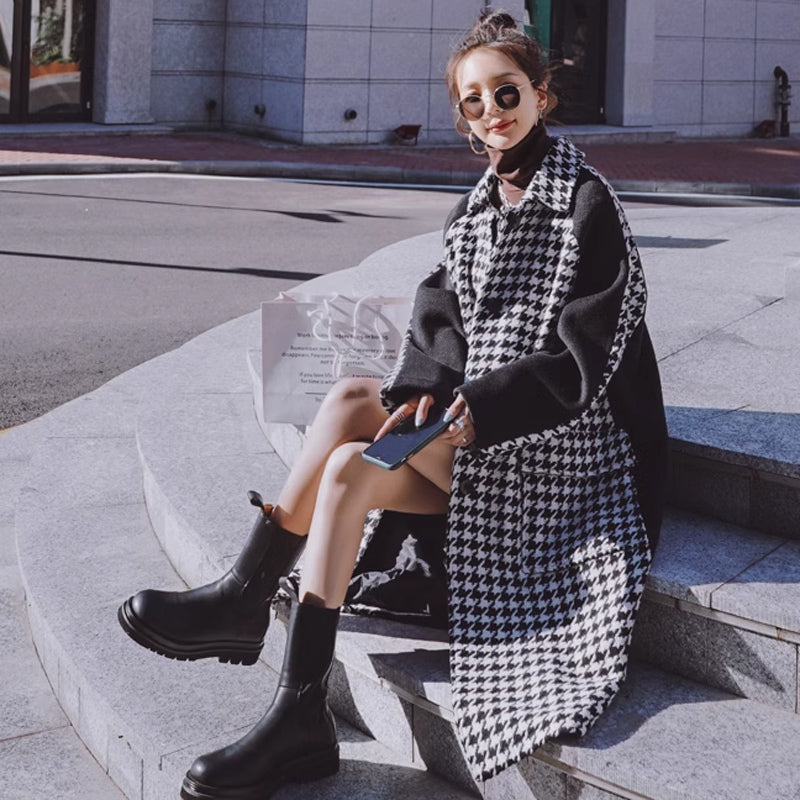 千鳥柄切り替えロングコート