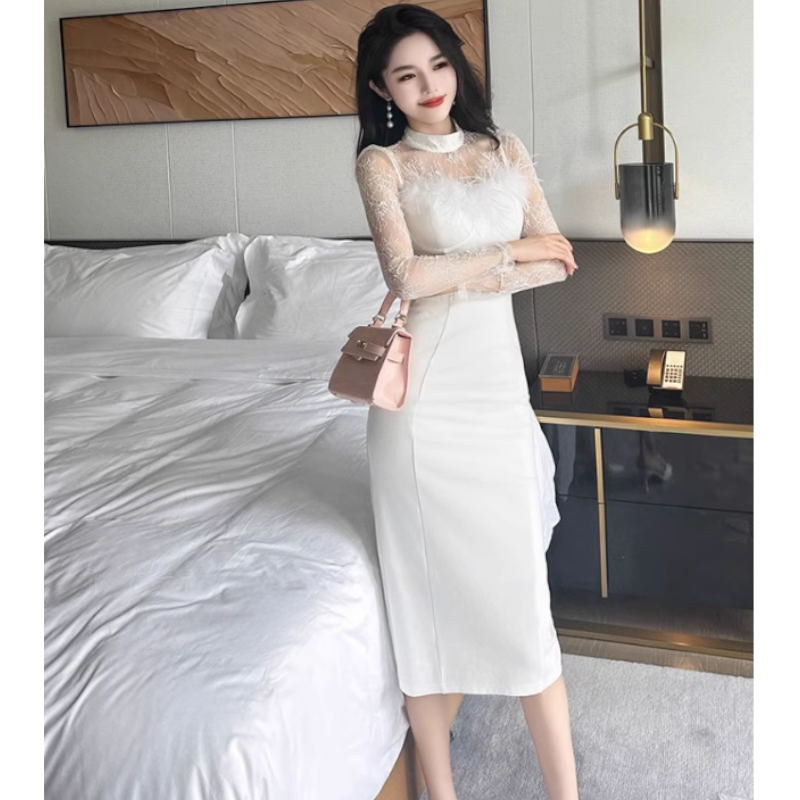 シアーコンビフェザードッキングペンシルワンピース(2colors)