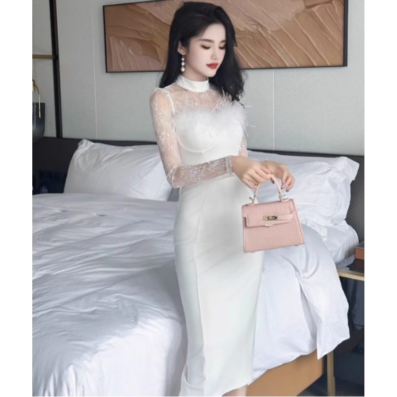 シアーコンビフェザードッキングペンシルワンピース(2colors)