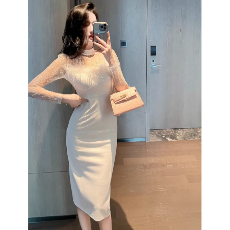 シアーコンビフェザードッキングペンシルワンピース(2colors)