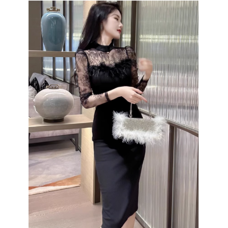 シアーコンビフェザードッキングペンシルワンピース(2colors)