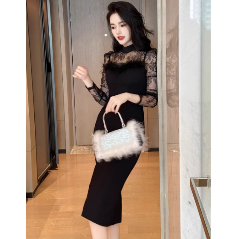 シアーコンビフェザードッキングペンシルワンピース(2colors)