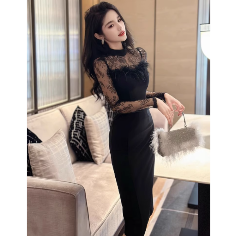 シアーコンビフェザードッキングペンシルワンピース(2colors)