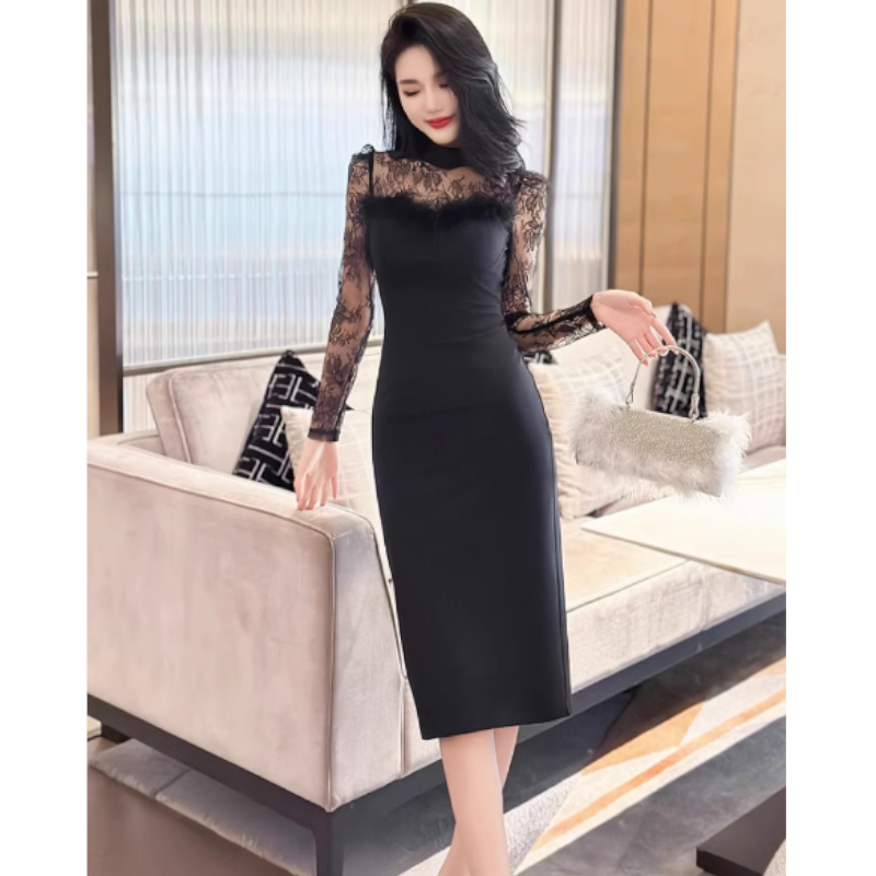 シアーコンビフェザードッキングペンシルワンピース(2colors)