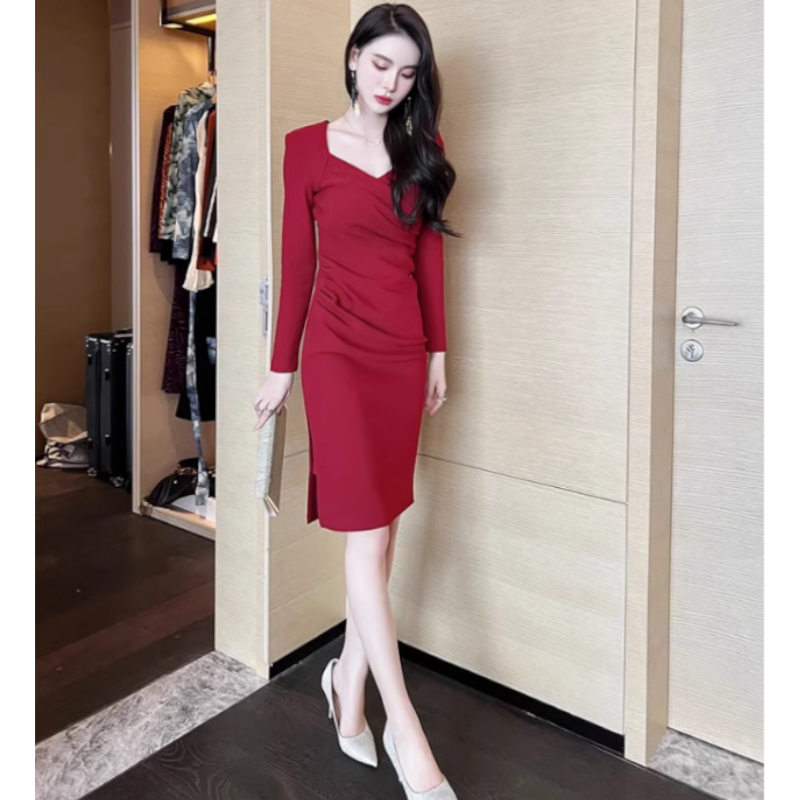 ハートネックカシュクールサイドスリットワンピース(3colors)