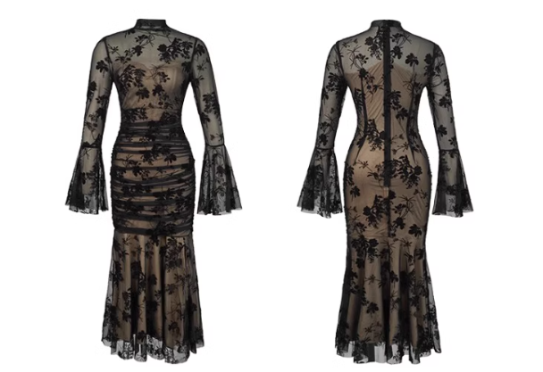 花柄シアーギャザーマーメイドドレスワンピース