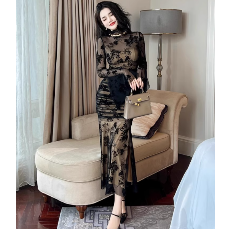 花柄シアーギャザーマーメイドドレスワンピース