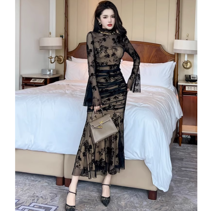 花柄シアーギャザーマーメイドドレスワンピース