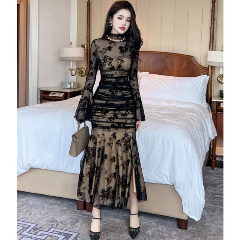 花柄シアーギャザーマーメイドドレスワンピース