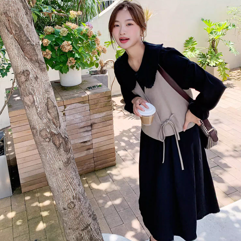 カシュクールベスト×ラウンドカラーワンピース