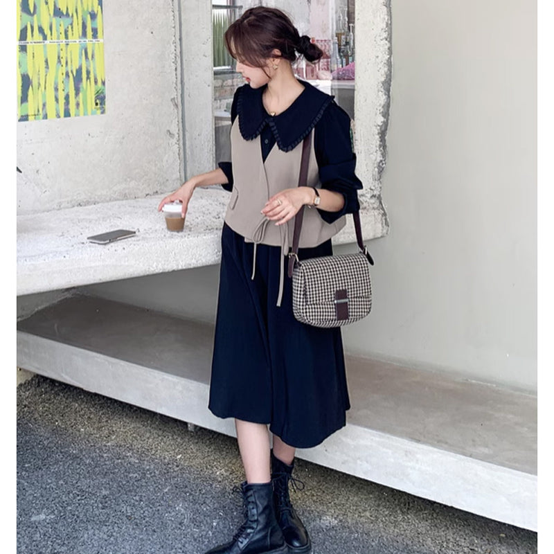 カシュクールベスト×ラウンドカラーワンピース