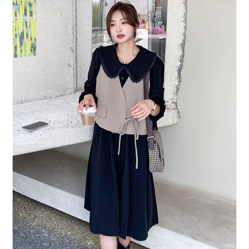 カシュクールベスト×ラウンドカラーワンピース