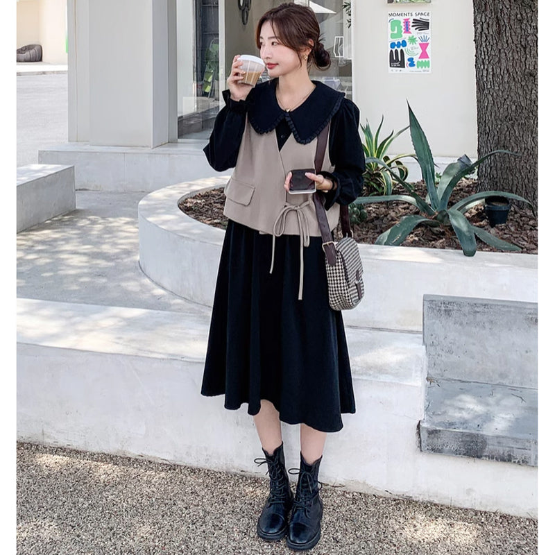 カシュクールベスト×ラウンドカラーワンピース