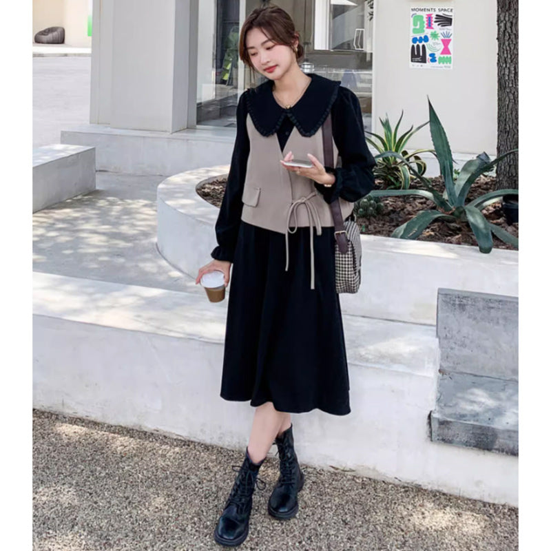 カシュクールベスト×ラウンドカラーワンピース