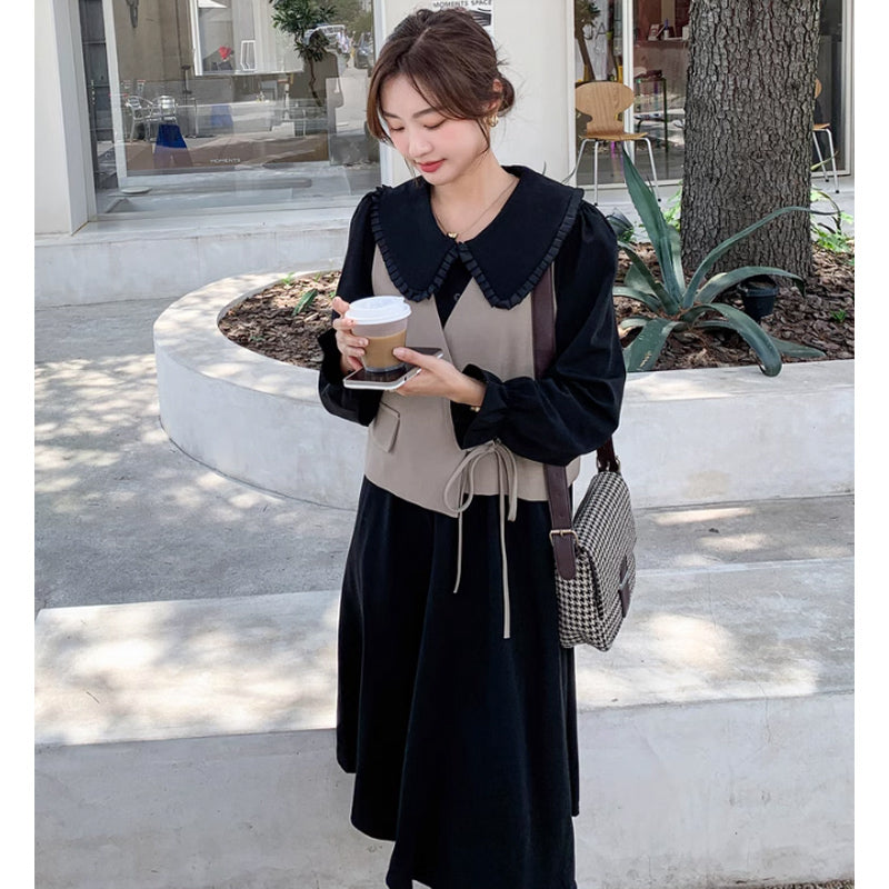 カシュクールベスト×ラウンドカラーワンピース