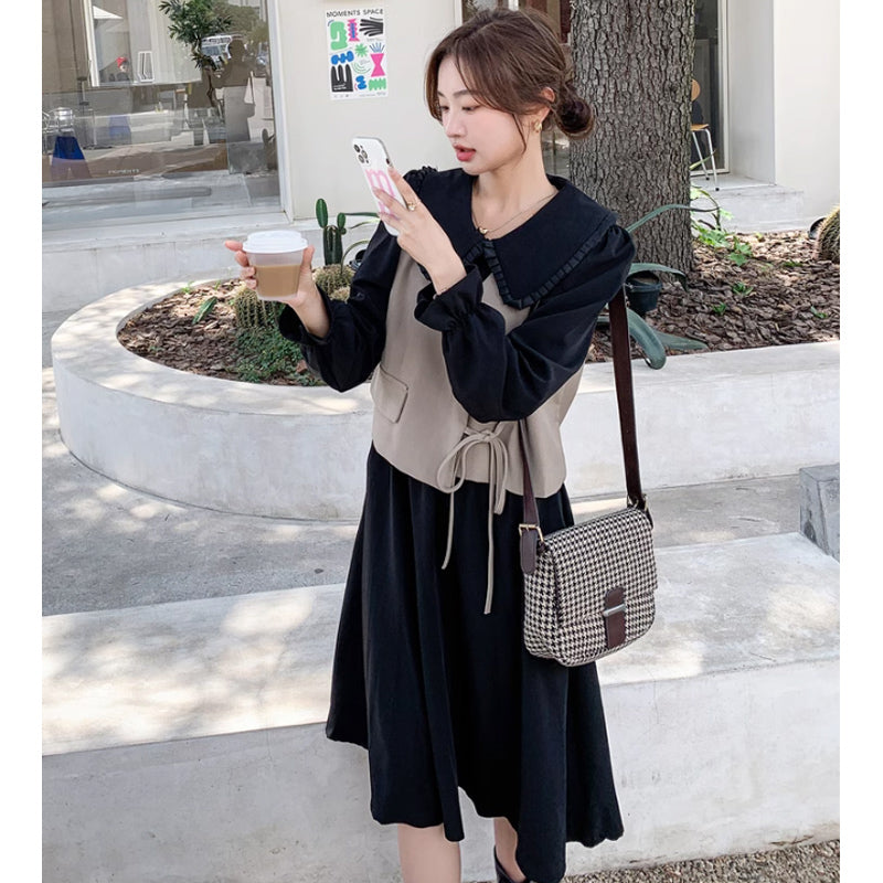 カシュクールベスト×ラウンドカラーワンピース