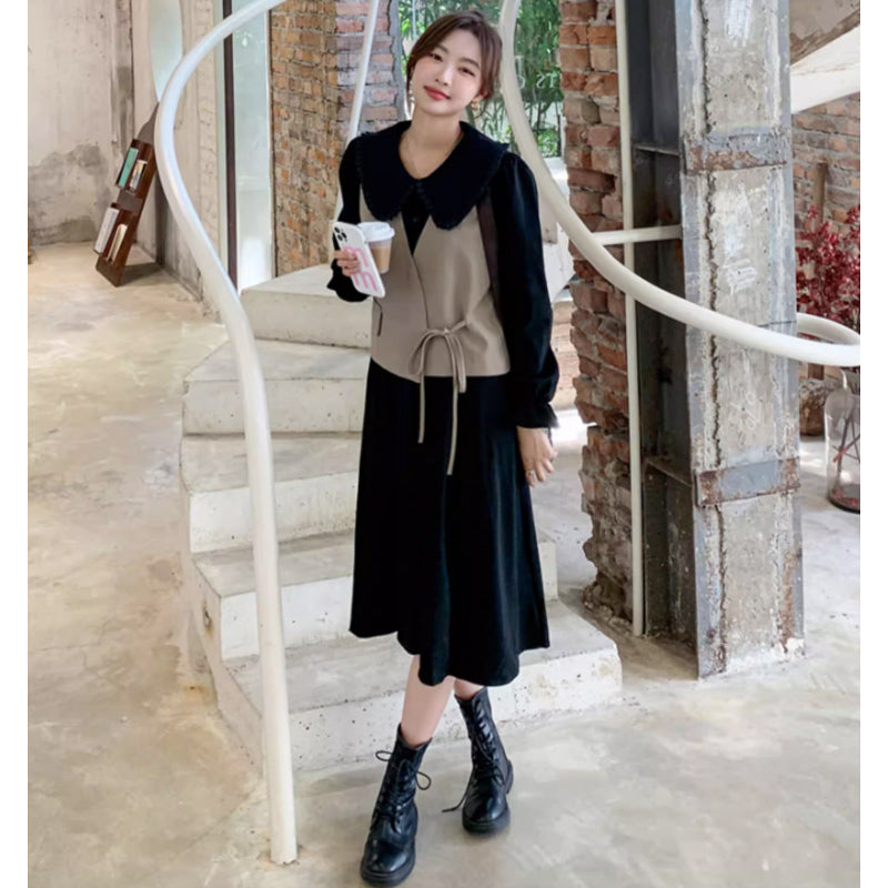 カシュクールベスト×ラウンドカラーワンピース