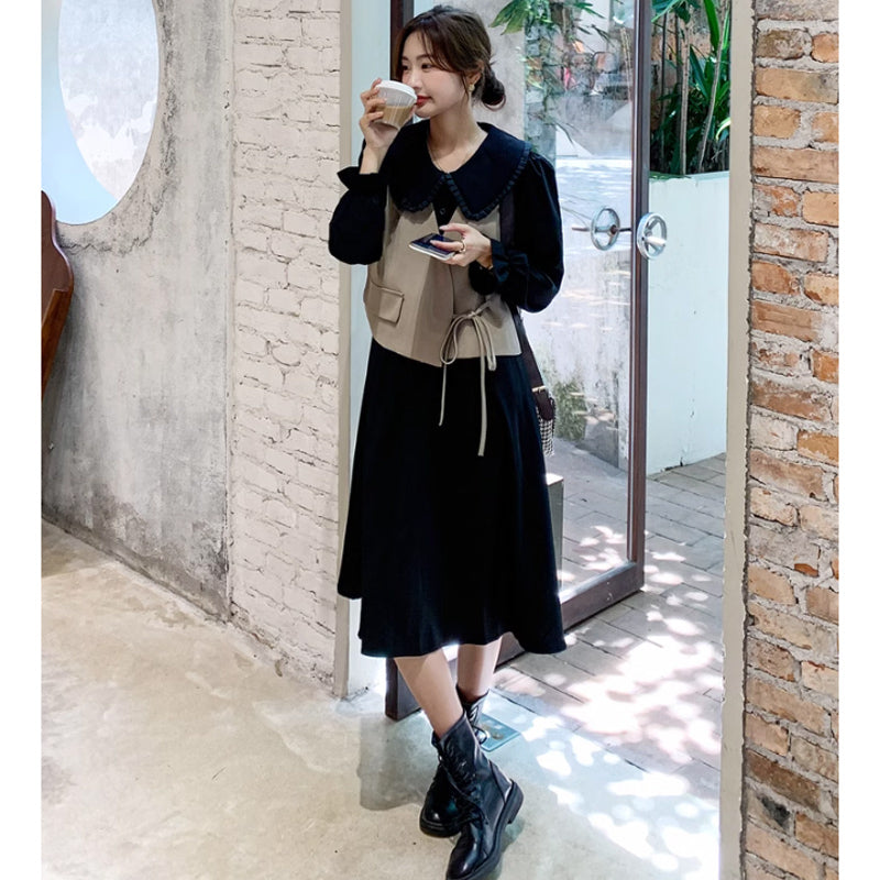 カシュクールベスト×ラウンドカラーワンピース