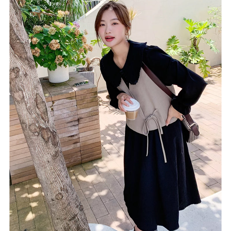 カシュクールベスト×ラウンドカラーワンピース