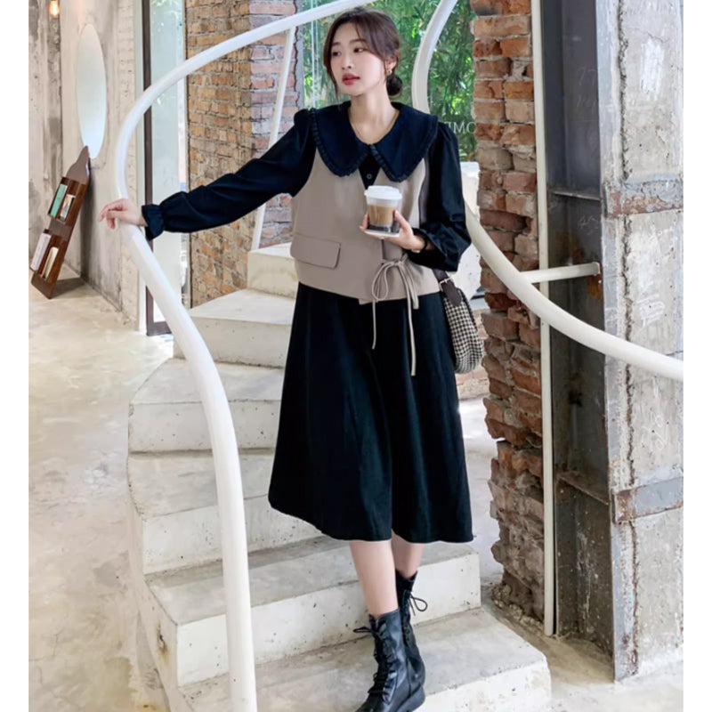 カシュクールベスト×ラウンドカラーワンピース