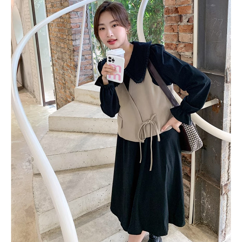 カシュクールベスト×ラウンドカラーワンピース