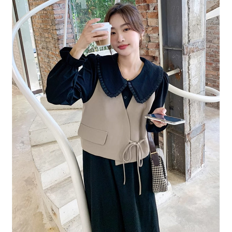 カシュクールベスト×ラウンドカラーワンピース