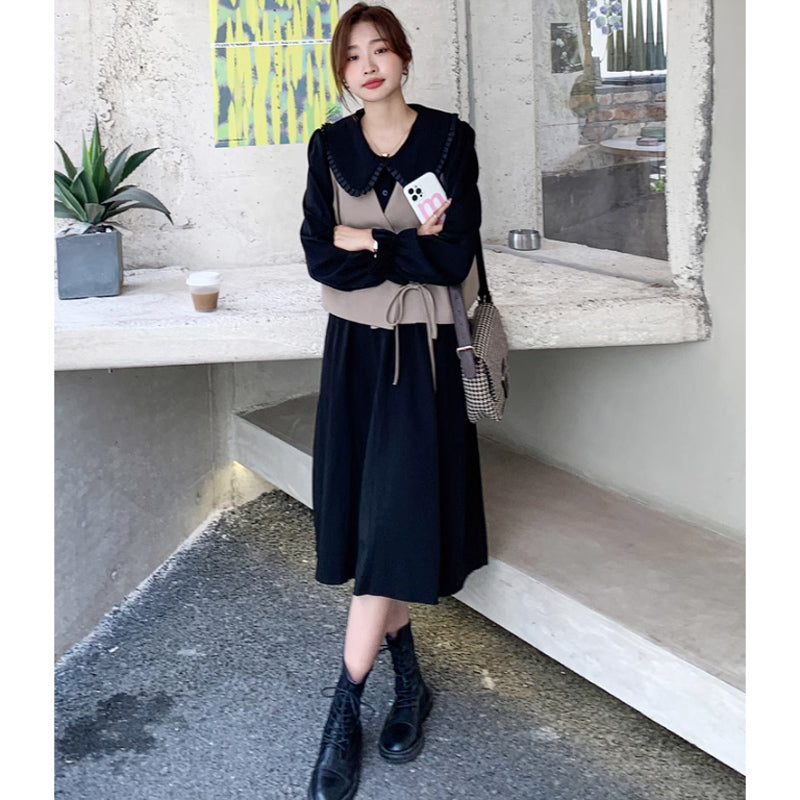 カシュクールベスト×ラウンドカラーワンピース