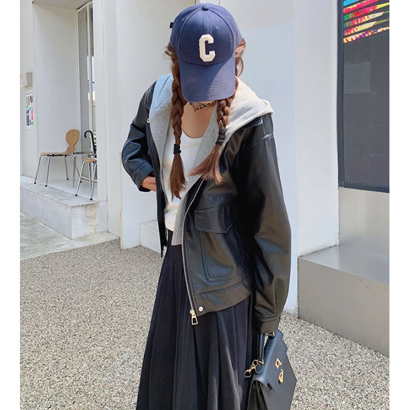 スウェットフード付きレザージャケット