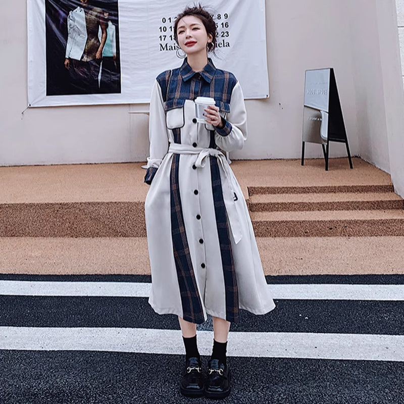 ウエストリボンチェック切り替えワンピース