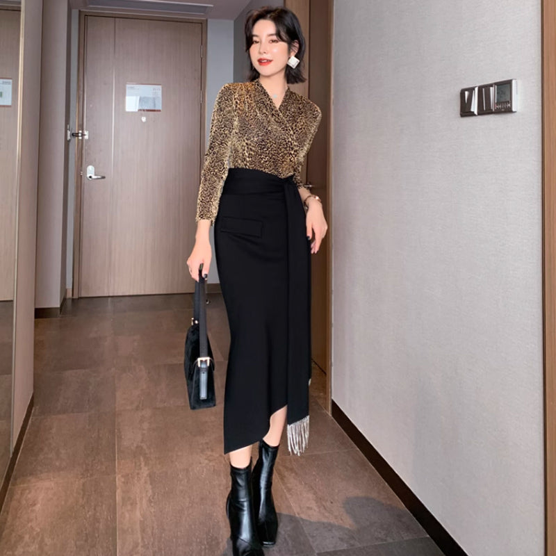 カシュクールレオパードトップ×アシメペンシルスカート