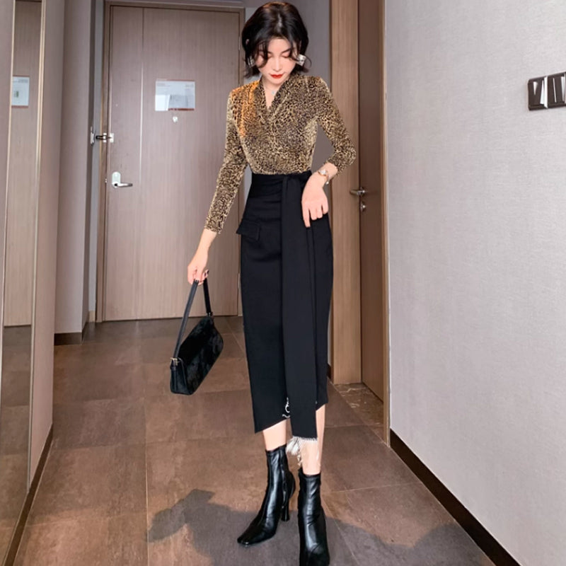 カシュクールレオパードトップ×アシメペンシルスカート