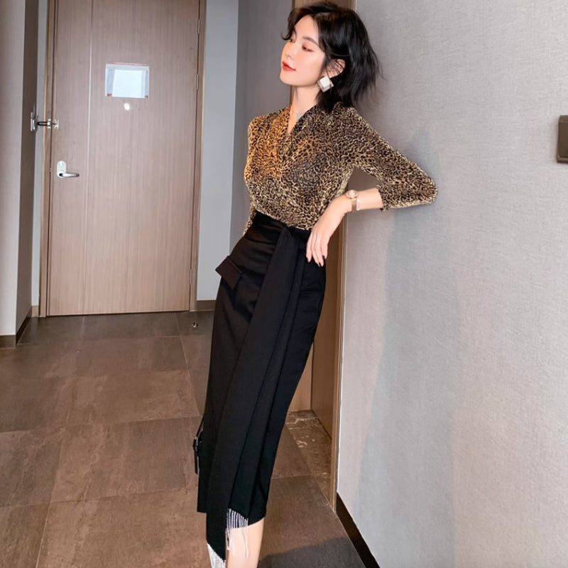カシュクールレオパードトップ×アシメペンシルスカート