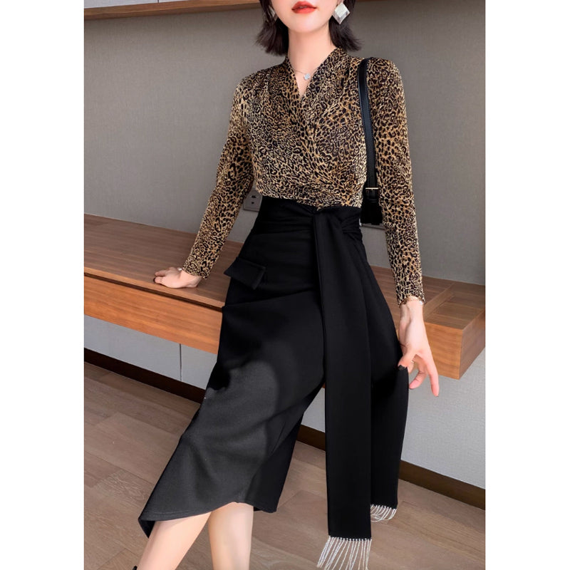 カシュクールレオパードトップ×アシメペンシルスカート