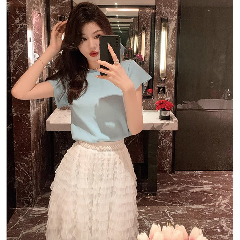 ラウンドネックニット×パールベルト付きチュールティアードスカート(2colors)