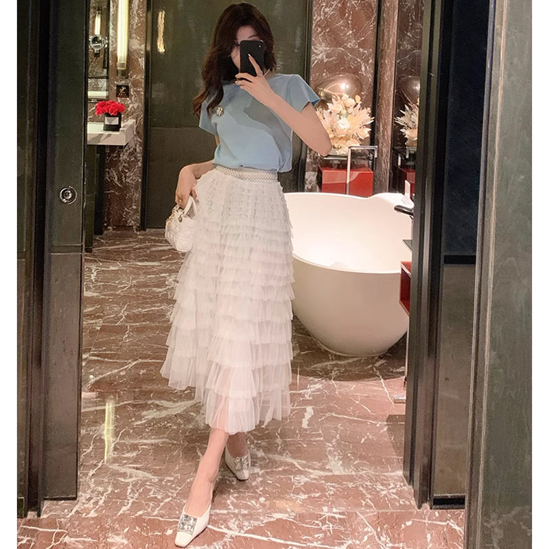 ラウンドネックニット×パールベルト付きチュールティアードスカート(2colors)