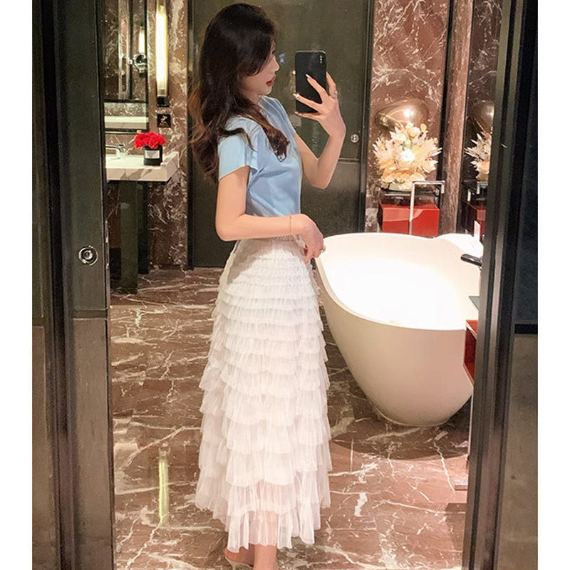 ラウンドネックニット×パールベルト付きチュールティアードスカート(2colors)