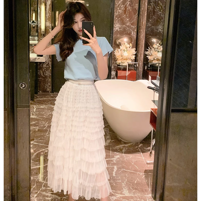 ラウンドネックニット×パールベルト付きチュールティアードスカート(2colors)