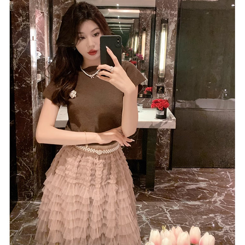 ラウンドネックニット×パールベルト付きチュールティアードスカート(2colors)