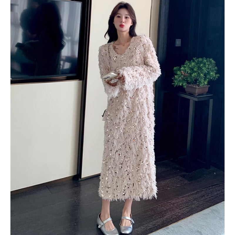 スパンコールフリルワンピース