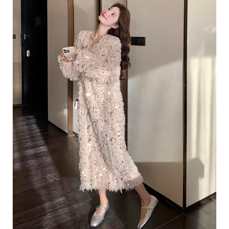 スパンコールフリルワンピース